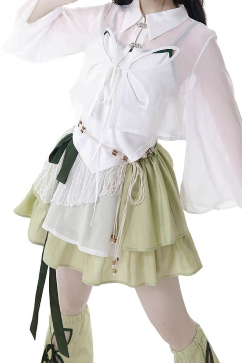 シフォンチャイナシャツ＋キャミソール＋ショートスカート＋ロングスカート＋レッグウォーマー