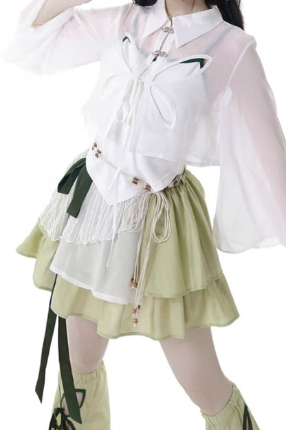 シフォンチャイナシャツ＋キャミソール＋ショートスカート＋ロングスカート＋レッグウォーマー