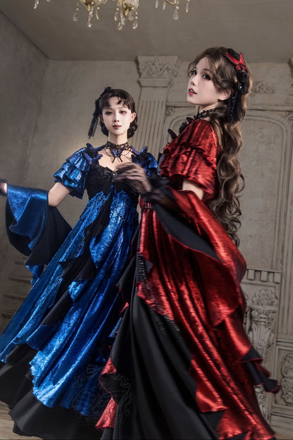 [Date limite de précommande: 105] Robe empire gothique élégante à volants cascade rouge/bleu [courte/longue] + ensemble robe complet (châle, broche papillon, chaîne de taille, traîne à nœud au dos)
