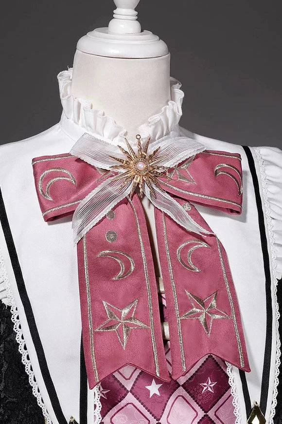 【10月13日予約締切】Magic Academy Starry Diamond Pendant Bow Lolita Dress + Black Lace Trim Bow Puff Sleeve Jacket + Detachable Star Embroidery Ribbon Frill Collar + Full Set