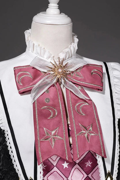 【10月13日予約締切】Magic Academy Starry Diamond Pendant Bow Lolita Dress + Black Lace Trim Bow Puff Sleeve Jacket + Detachable Star Embroidery Ribbon Frill Collar + Full Set