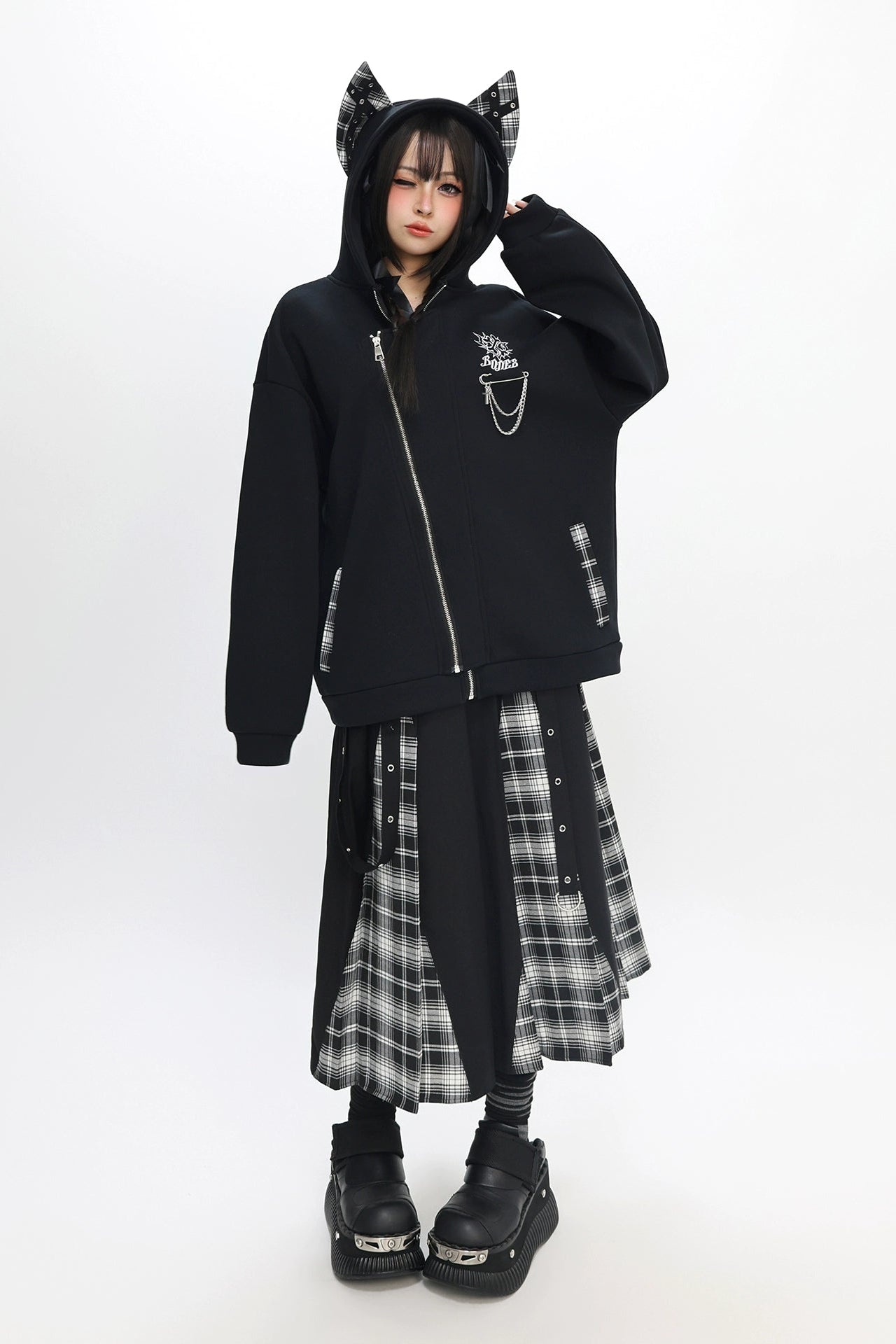 キャットフリースダブルジッパーフードパーカー