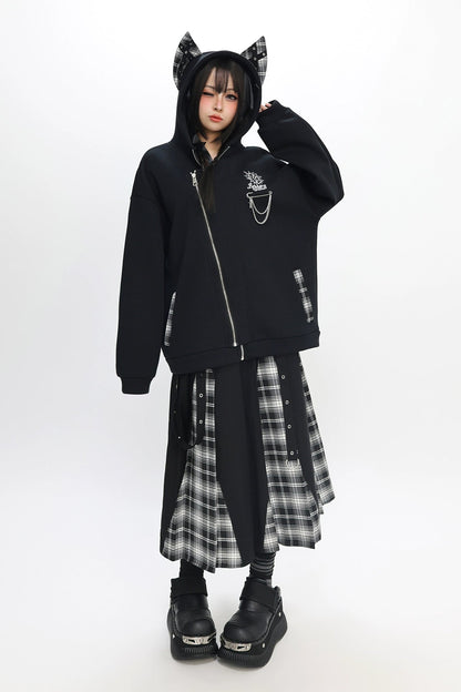 キャットフリースダブルジッパーフードパーカー