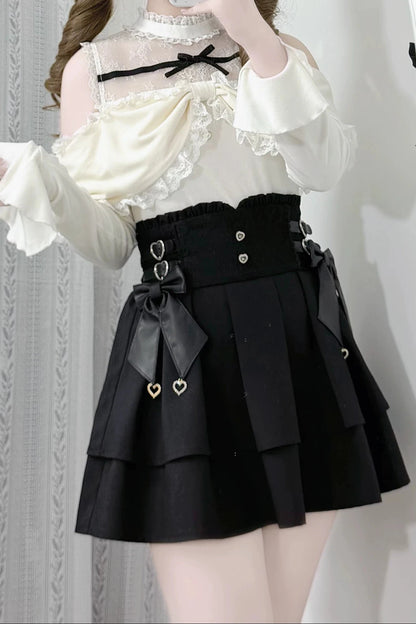 [Pre-order Deadline: October 15] Romantic White Bow Sheer Lace Off-Shoulder Knit Top + Black Bow Lace Layered Mini Skirt