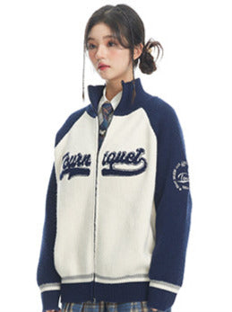 Logo Brief College Style Zip Jacke mit Kapuze Sweatshirt Strickjacke