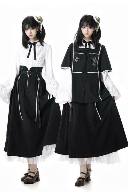 ダークモードスクエアネックカーディガン+シャツ+ロングスカート