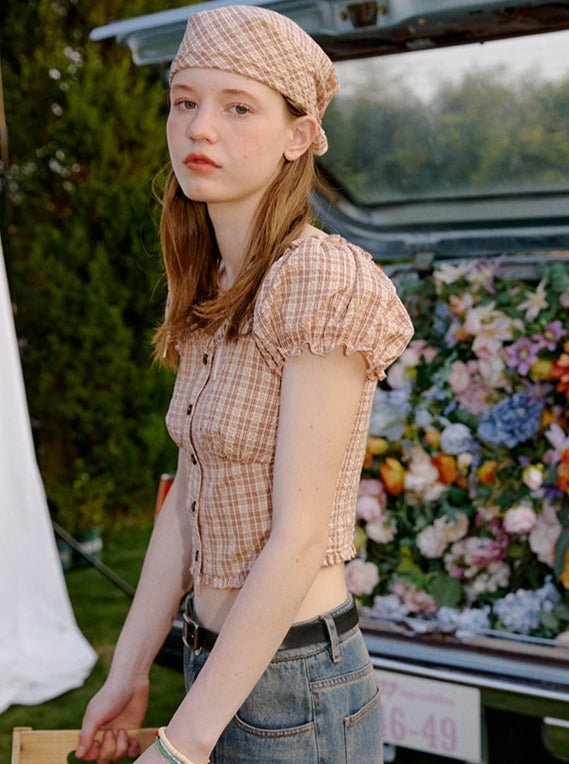 Short decollute check tops