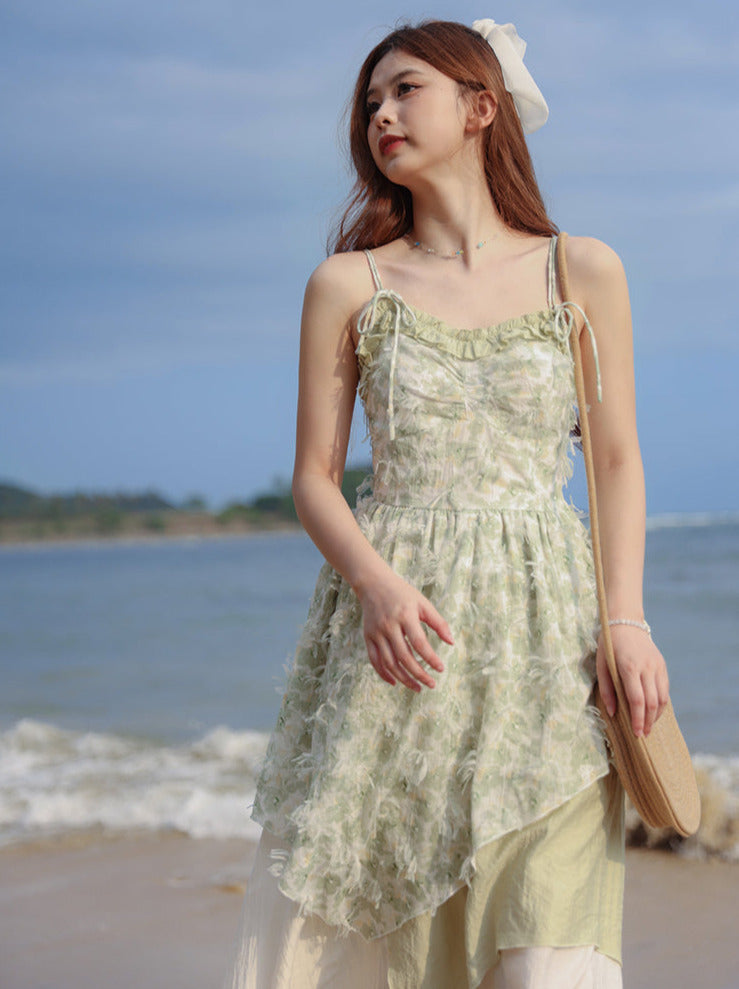 Seaside Vacation Floral Ruffle Ribbon Top + Assassus Dress [Short Long]