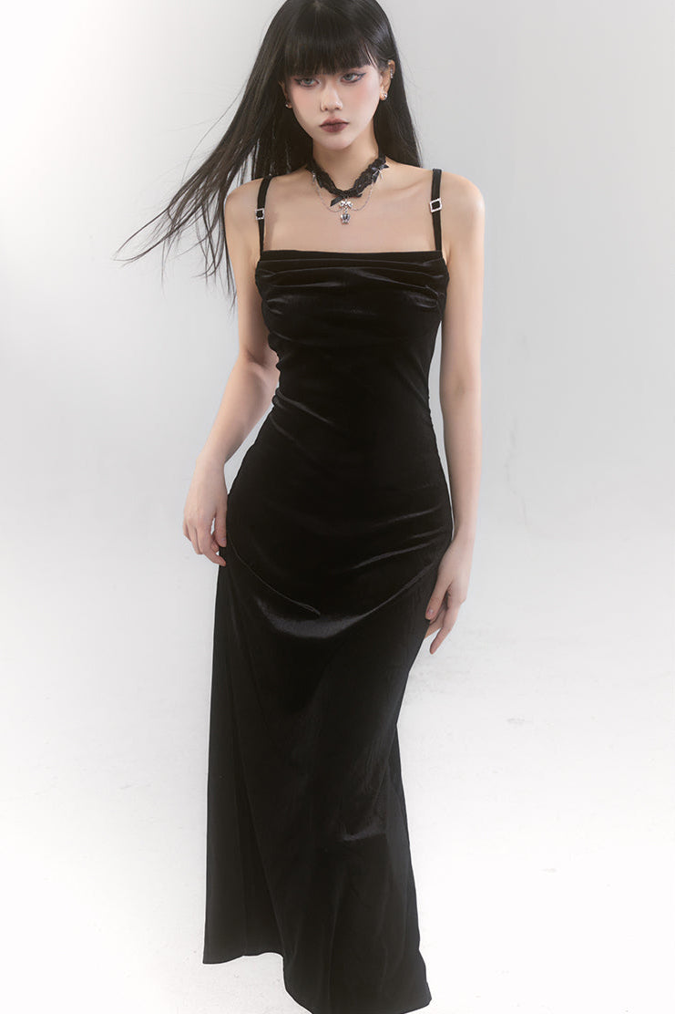 Mode velvet long cami sole dress