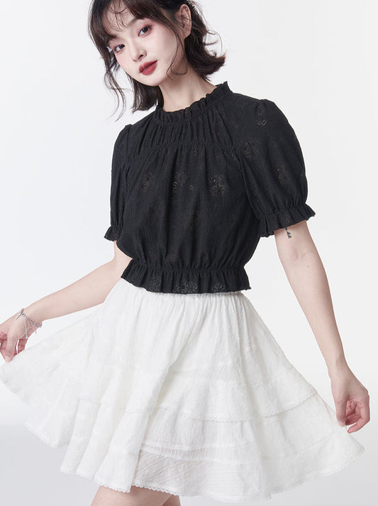 Black Lace Puff Sleeve French Top