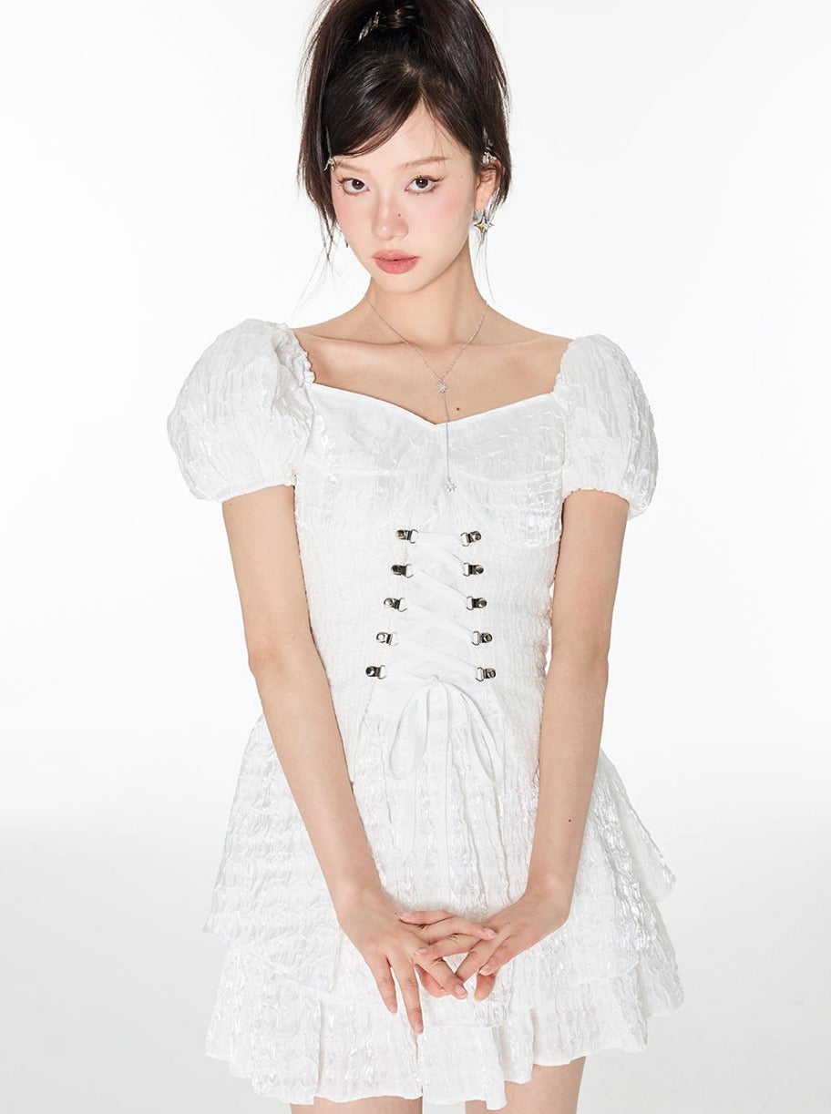 Blow Race Up West Puff Sleeve Tops + Flare Lace Skirt