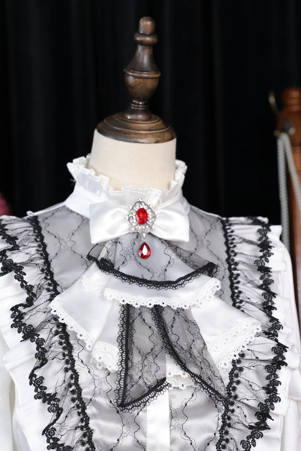 【10月2日予約締切】Gothic Knight Prince Lolita Victorian Lace Ruffle Shirt +Jewel Jabot Tie + Vintage Buckle Crimson Panel Pants (With Detachable Decorative Handkerchief)