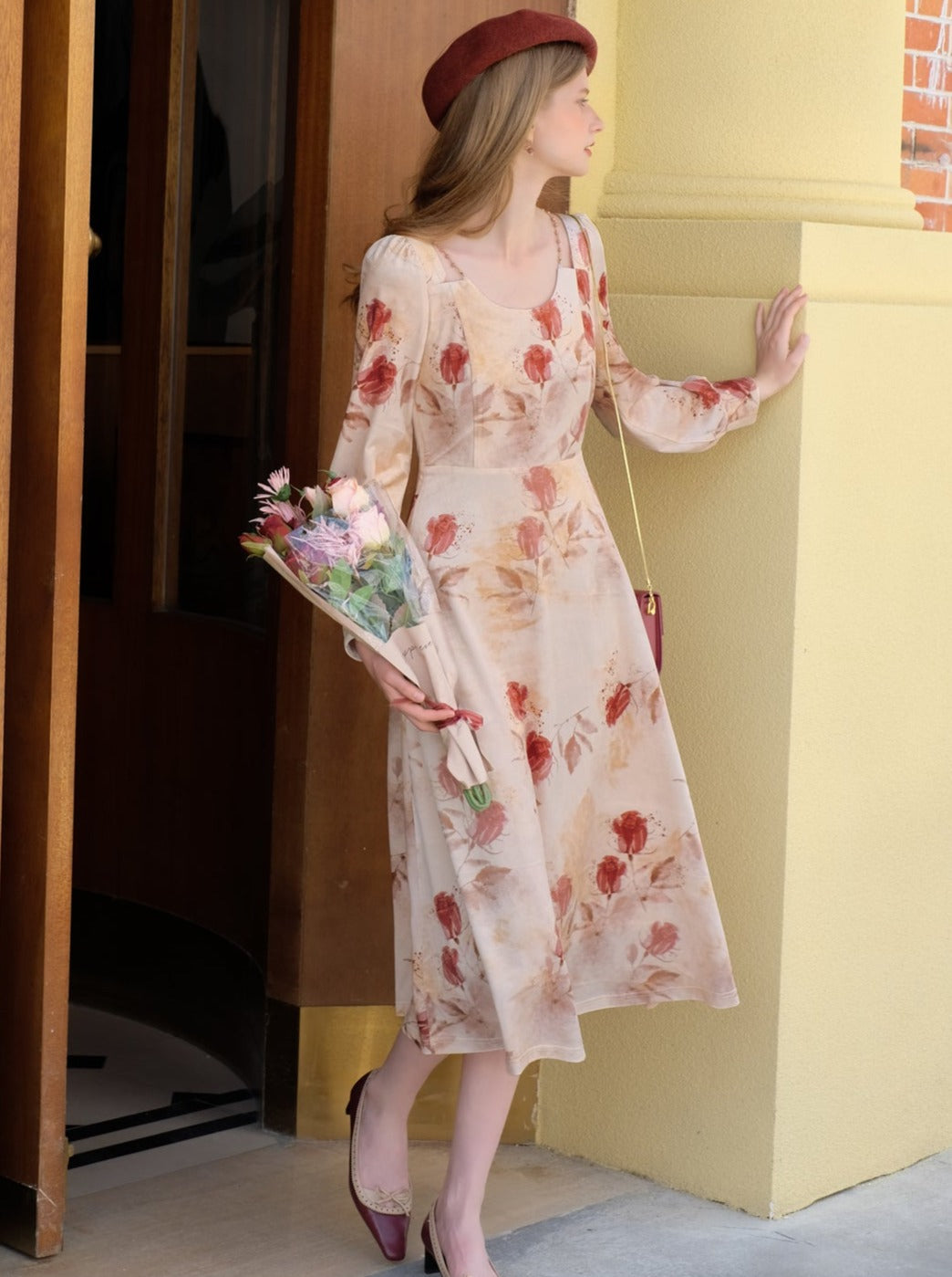 French Retro Rose Print Velvet Dress