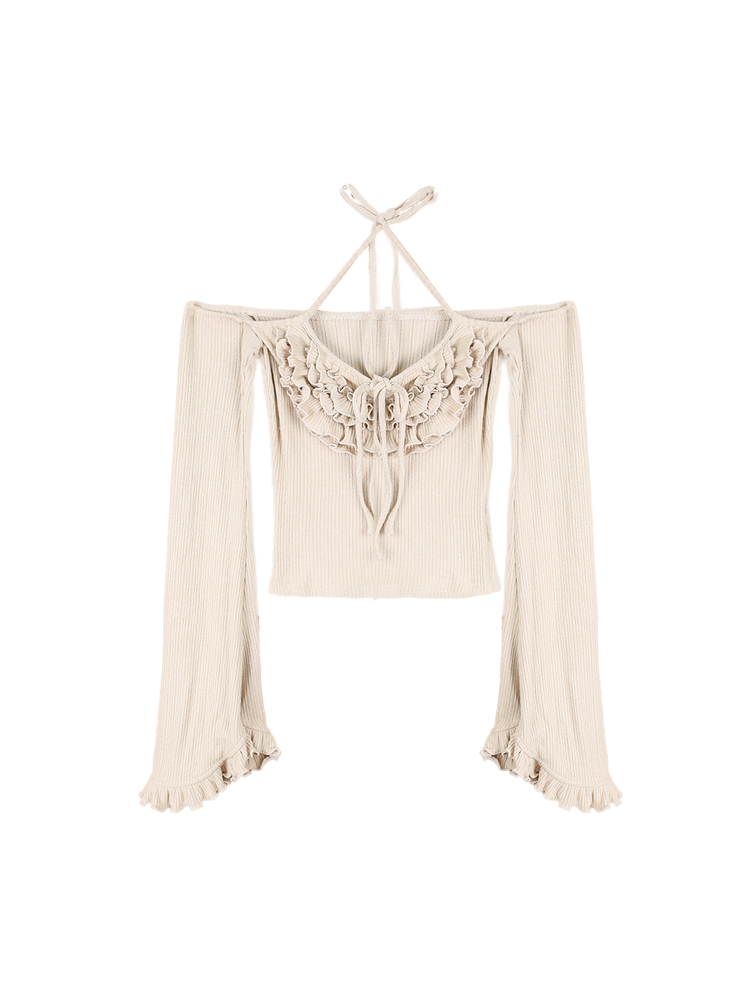 ソフトブラウンラッフルドニットカーディガン+トップス