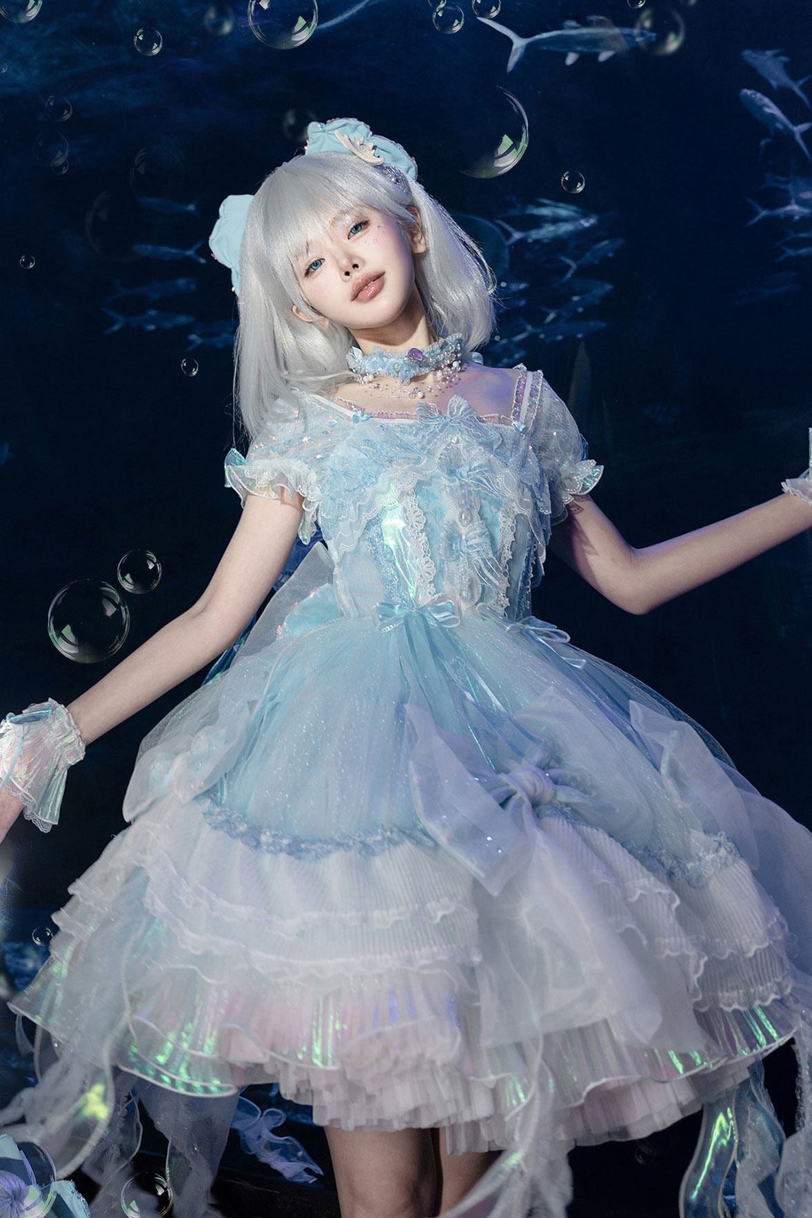 [Reservierungsschluss 1. August] Blau/Weiß/Lila Quallen-Feen-Lolita-Kleid mit Schleifen und Aurora-Schleppe