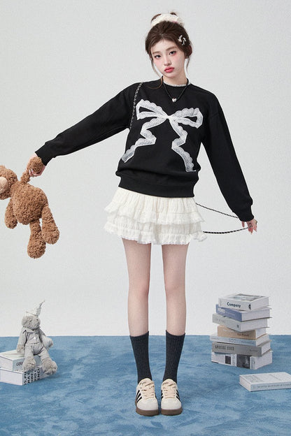 Original Bow Knit Sweatshirt+ White Skirt