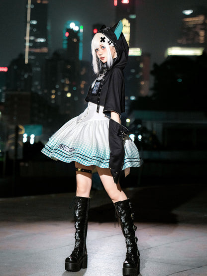 【予約商品】デイリーゴシックレトロパンクスタイルフードジャケット＋プリーツサスペンダースカート
