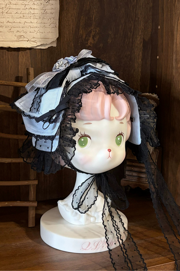 【8月13日予約締切】ダスティーブルー×ブラッククラシカルロリータ×ゴシックシリーズアクセサリー（ヘアバンドボンネット・フラワーリボンブローチ・フラットハットベール）