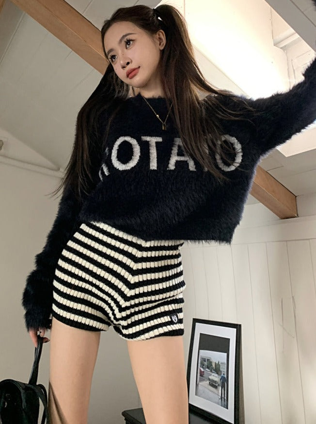 Logo soft fur knit top