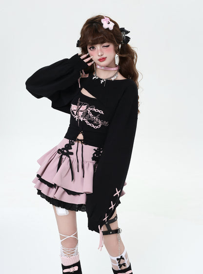 Lace-Up Design Flared Skirt