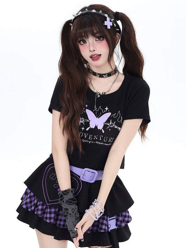 バタフライドリームバックリボンスリムショートTシャツ