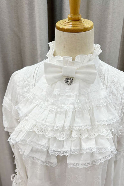 【10月3日予約締切】Black/White Elegant Gothic Puff Sleeve Shirt With Detachable Bell Sleeves And Frill Collar Jabot