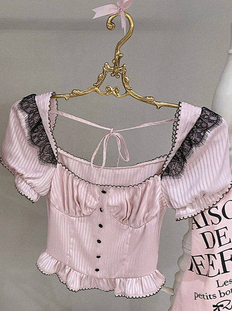 Girly Square Collar Satin Striped Ruffle Top + Pumpkin Bud Pants