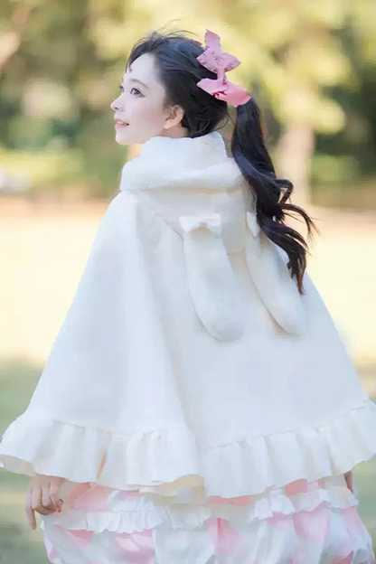 [Reservation product] Rabbit Ears Fur Hoodie Plus Velvet White Lolita Cloak