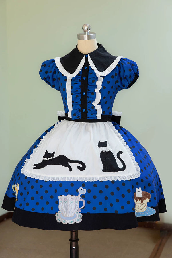 【8月18日予約締切】ダークブルー×ブラックドット猫カフェテイストメイドロリータドレス（エプロン付き）＋コンプリートセット