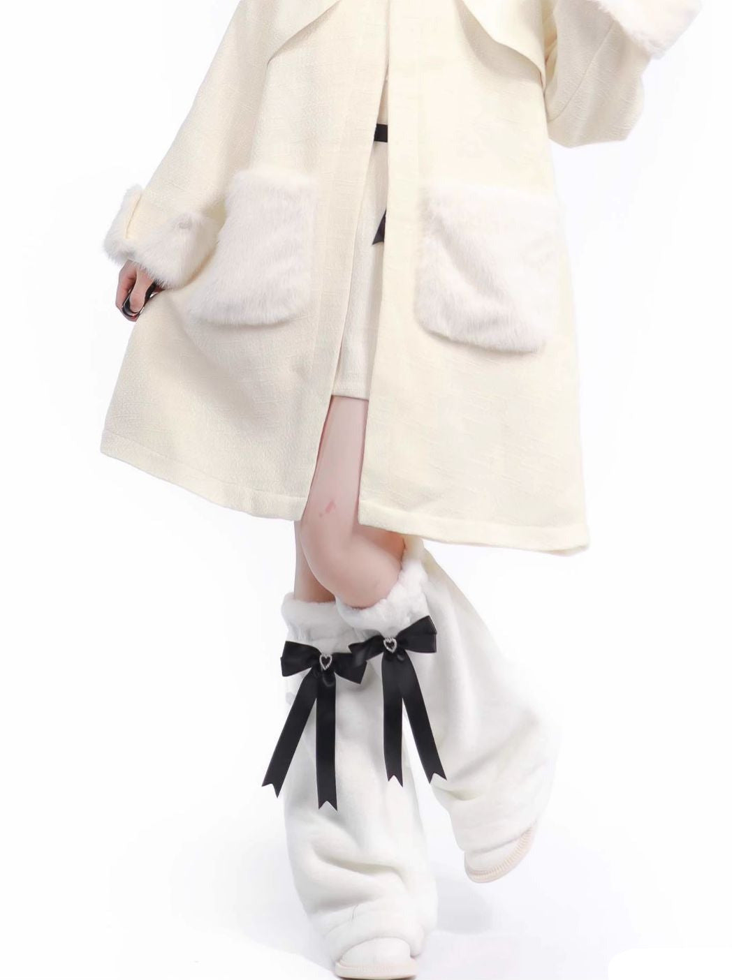 Pure White Snow Fur Jacket Top Skirt Leg Warmer Set