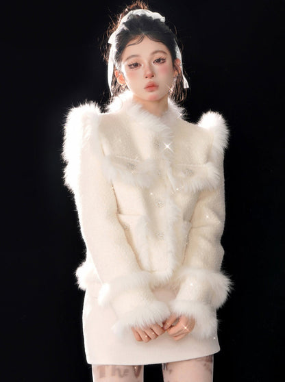 Sweet Tea Snow Fox Fur Apricot Tweed Jacket [Reserved Item].