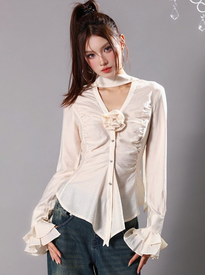 Rose Ruffle Slim Fit French Retro Lace V-Neck Shirt