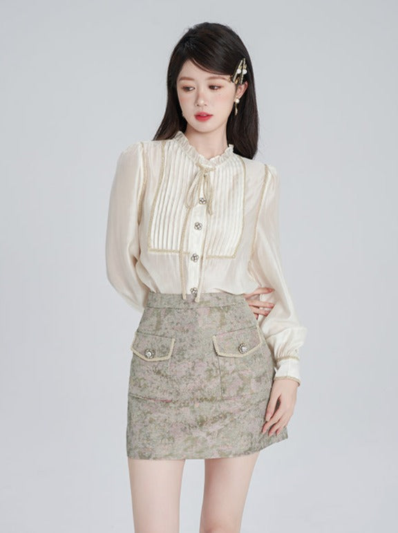 French apricot stand collar shirt + retro design skirt