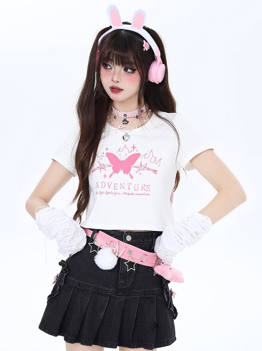 Butterfly Dream Back Ribbon Slim Short T-Shirt