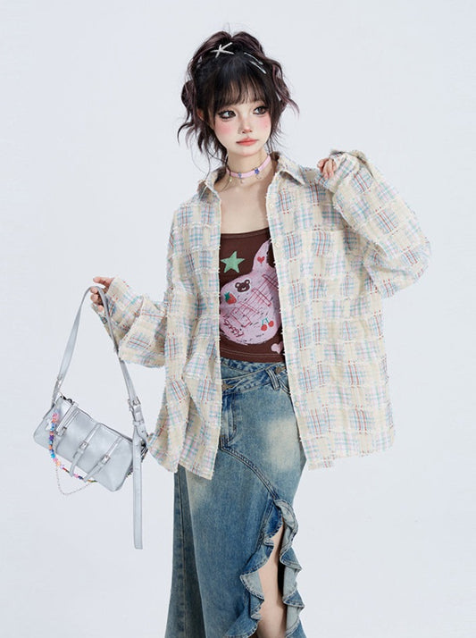 11SH97 Lazy Wind Sunscreen Shirt Women's Summer Vintage Plaid Contrast Loose Casual Commuter Long Sleeve Top