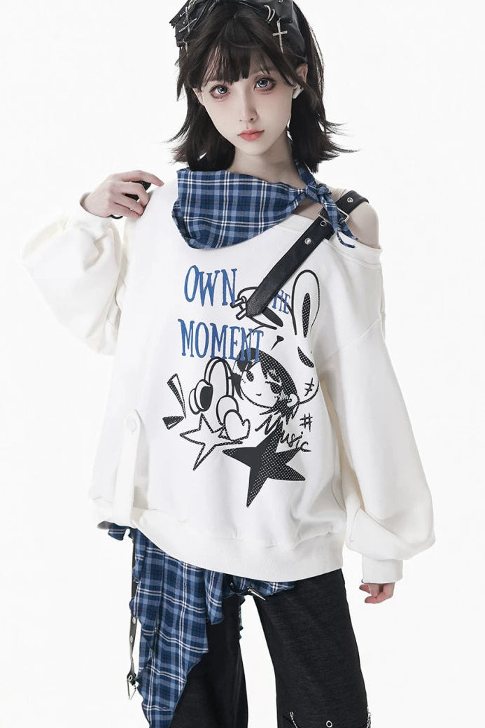 オフショルダースウェットトップス+アシメスカート+ロングパンツ