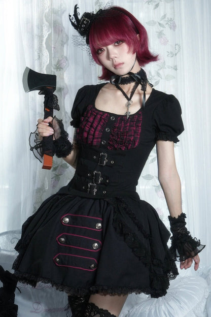 Original from Jiuyu Market: Black and Red Plaid Puff-Sleeve Knit Top with Military-Style Mesh Cake Skirt Set