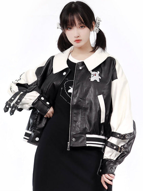 A Line Puppy Faux Leather Casual Embroidered Motorcycle Jacket