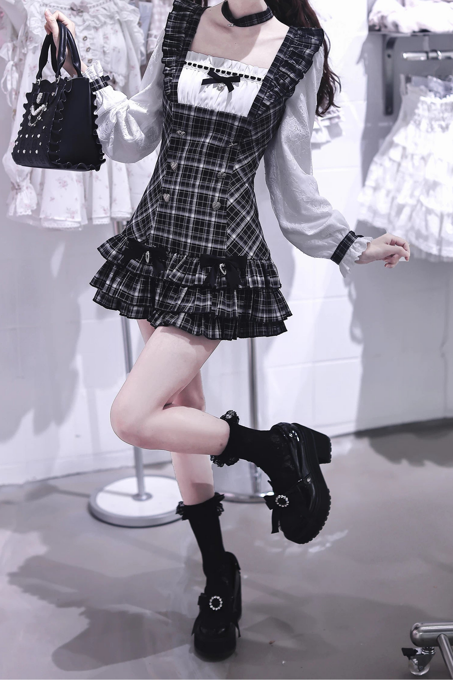 [Pre-order Deadline: September 15] Black Check Frill Ribbon Long-Sleeve Mini Dress Set-Up + Choker