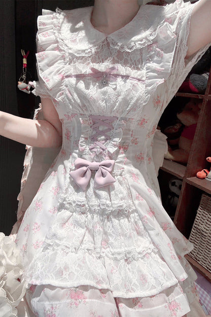 【9月2日予約締切】Romantic Pink Floral Layered Lace Dress＋Matching Shorts ＋ Bow Hairclips ＋ Bow Tie[Full set]