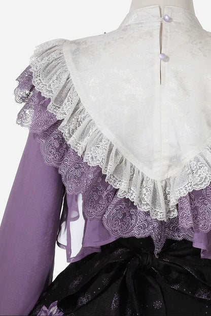 [Reservierungsschluss 8. November] New-Chinese-Lolita-Set mit mondbeschienenem wisterienviolettem JSK-Kleid + kurzem Spitzentop mit Schwalbenstickerei und Quasten