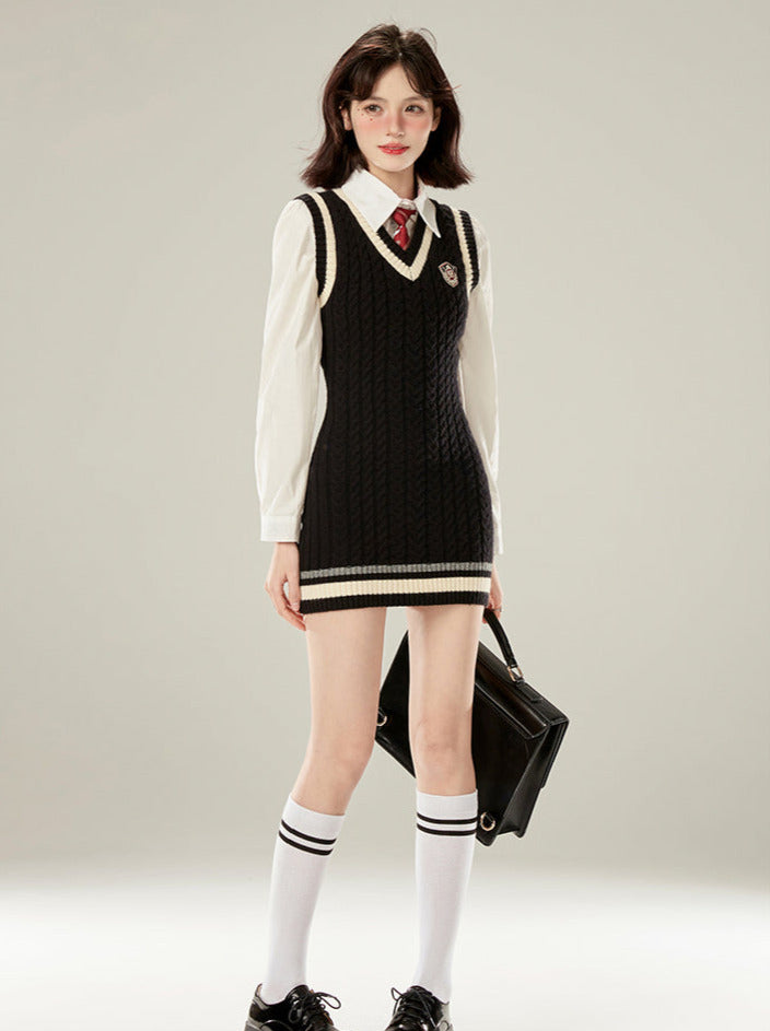 College Style Tie White Shirt + V-Neck Knit Vest Dress