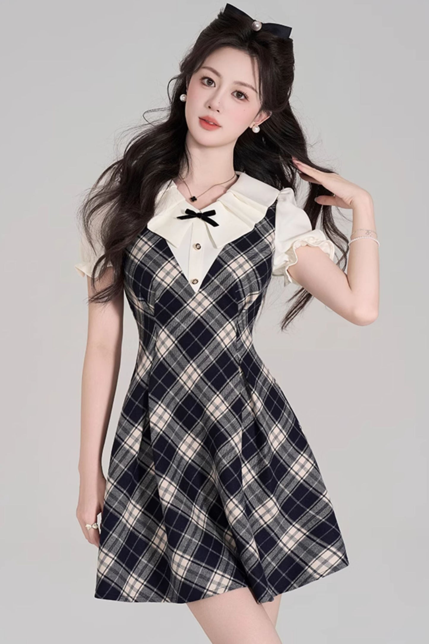 College Style Check Puff Sleeve Dress