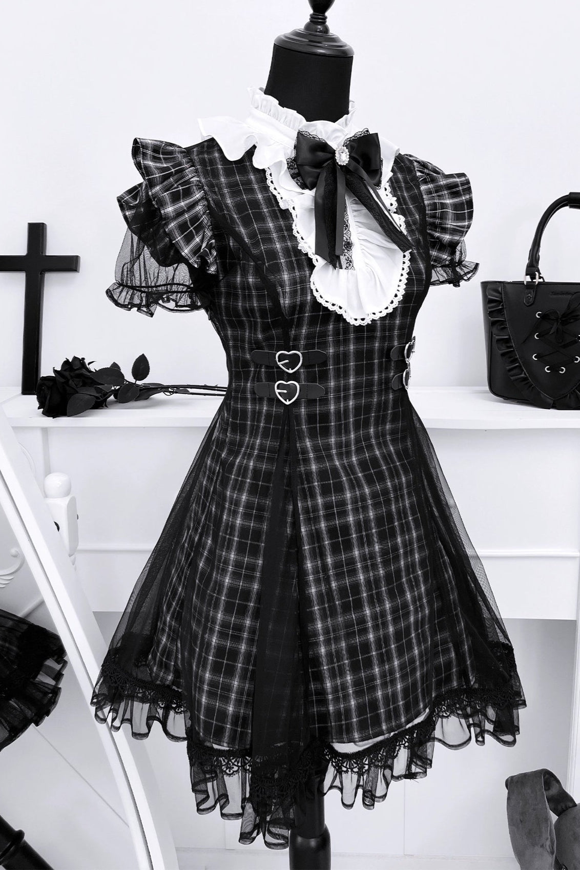 ダークサブカルチャーレースチェックドレス