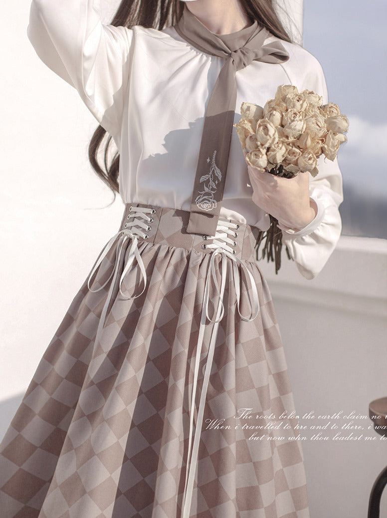 French Retro Suit Short Jacket + Bow Tie Shirt + Check Lace-Up Skirt + Rose Brooch