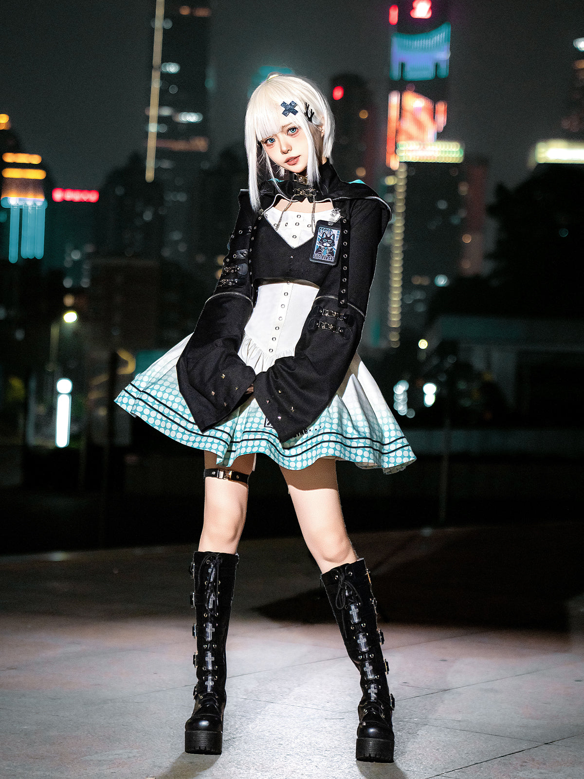 【予約商品】デイリーゴシックレトロパンクスタイルフードジャケット＋プリーツサスペンダースカート