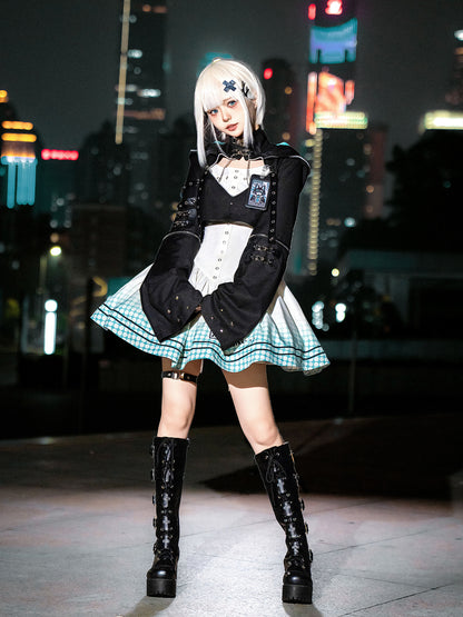 【予約商品】デイリーゴシックレトロパンクスタイルフードジャケット＋プリーツサスペンダースカート