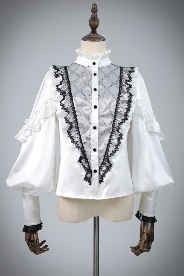 【10月2日予約締切】Gothic Knight Prince Lolita Victorian Lace Ruffle Shirt +Jewel Jabot Tie + Vintage Buckle Crimson Panel Pants (With Detachable Decorative Handkerchief)
