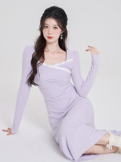 Sweet Purple Square Neck Slim Long Dress