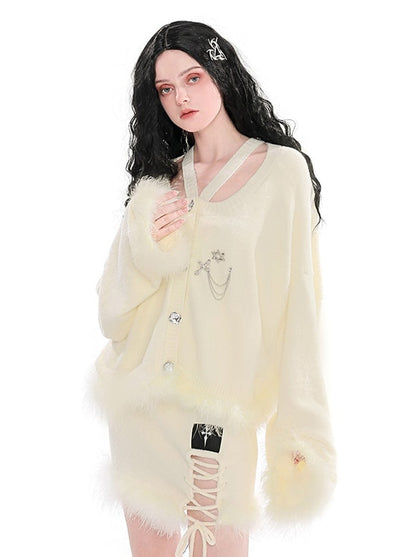 Pure Dzire Diamond Buckle Cross Feather Knit Sweater Jacket